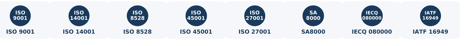 Management system certifications: ISO 9001, ISO 14001, ISO 8528, ISO 45001, ISO 27001, SA8000, IECQ 080000, IATF 16949